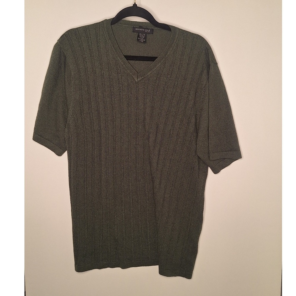 Kenneth Cole Mens Olive Green Ribbed V-Neck Short Sleeve‎ Knit Sweater XXL